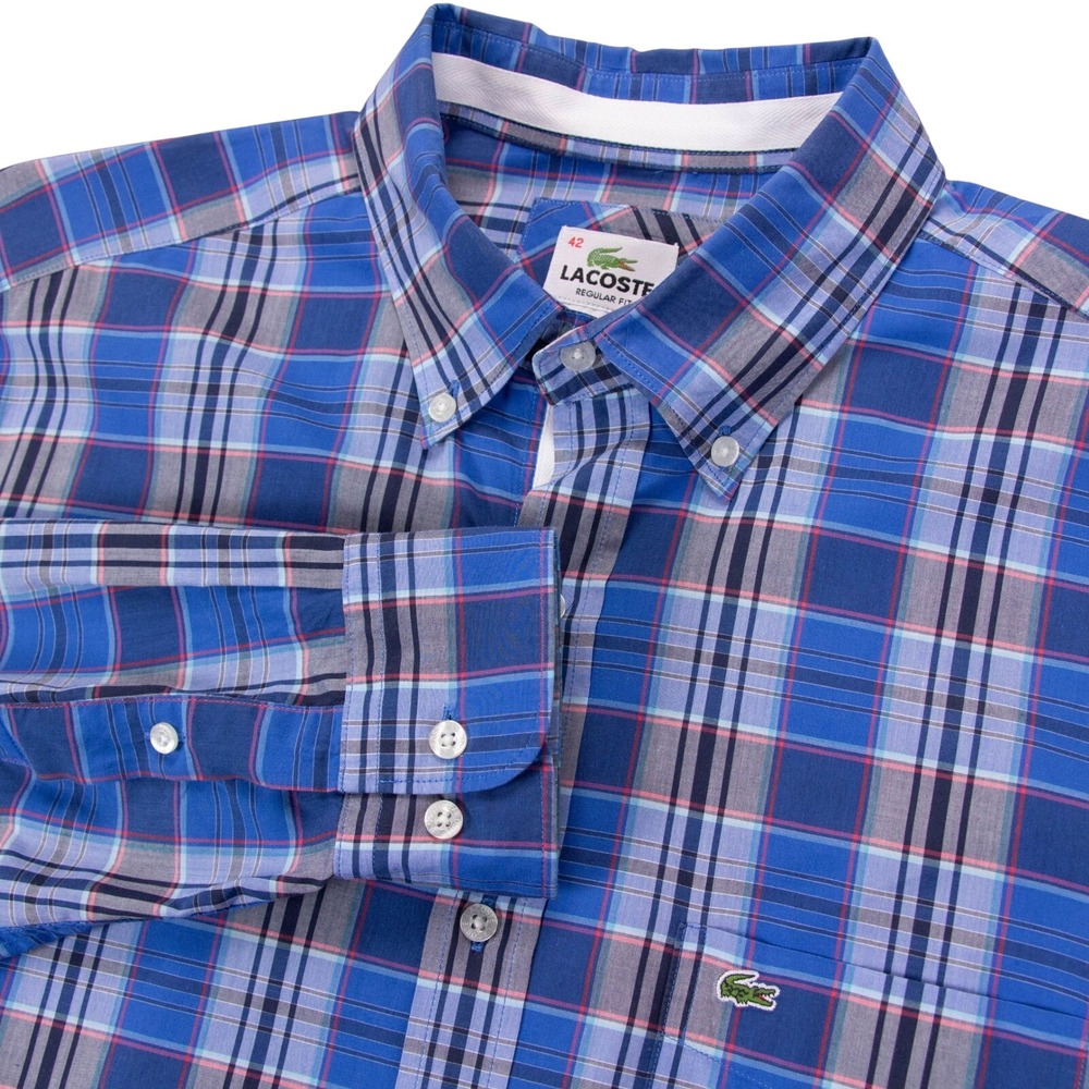 Lacoste Regular Fit Mens L 42 Blue Plaid Button Down‎ Long Sleeve Shirt